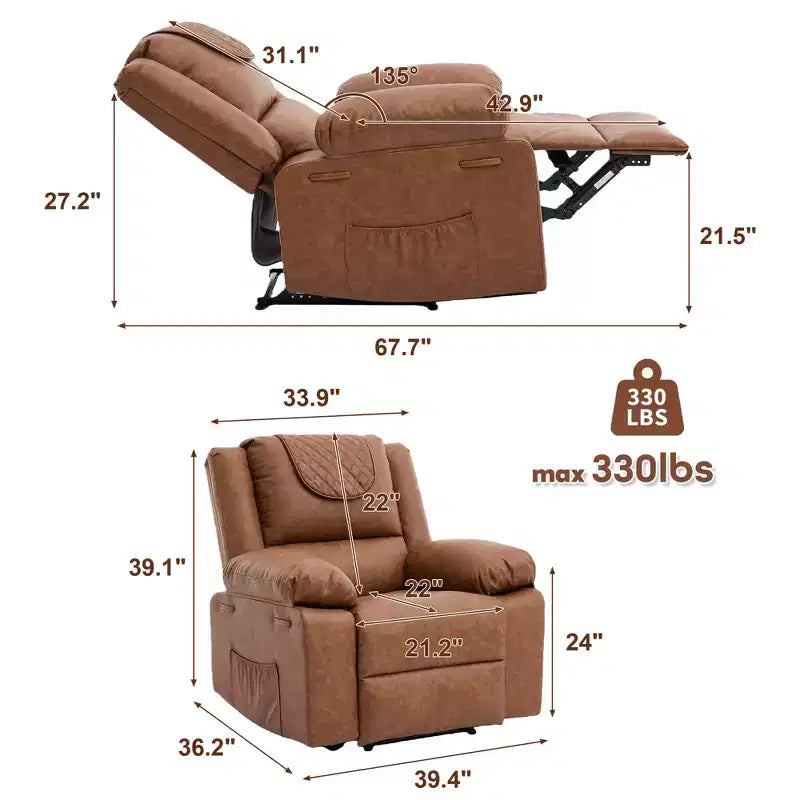 Adult Recliner Chair with Heating & Massage, 135 Adjustable Manual Recliner with Side Storage Pockets & Remote Control