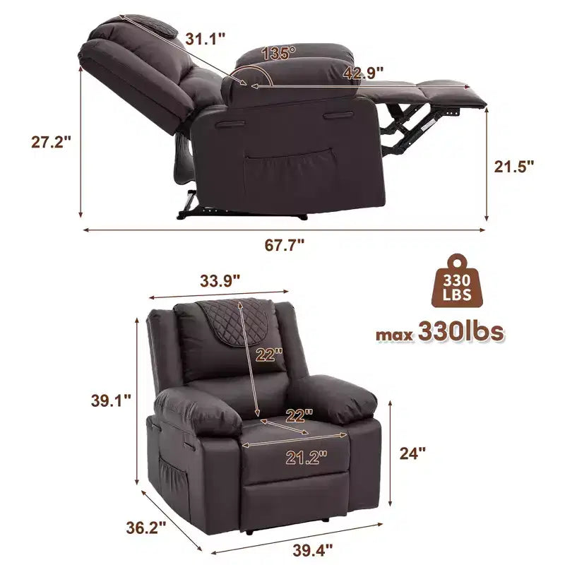 Adult Recliner Chair with Heating & Massage, 135 Adjustable Manual Recliner with Side Storage Pockets & Remote Control