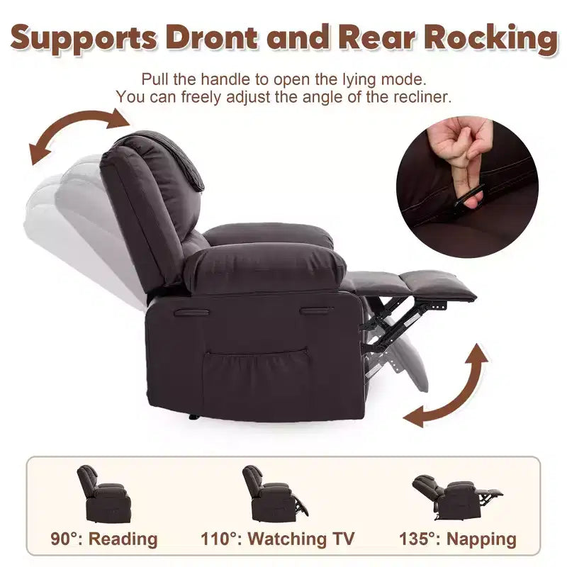 Adult Recliner Chair with Heating & Massage, 135 Adjustable Manual Recliner with Side Storage Pockets & Remote Control