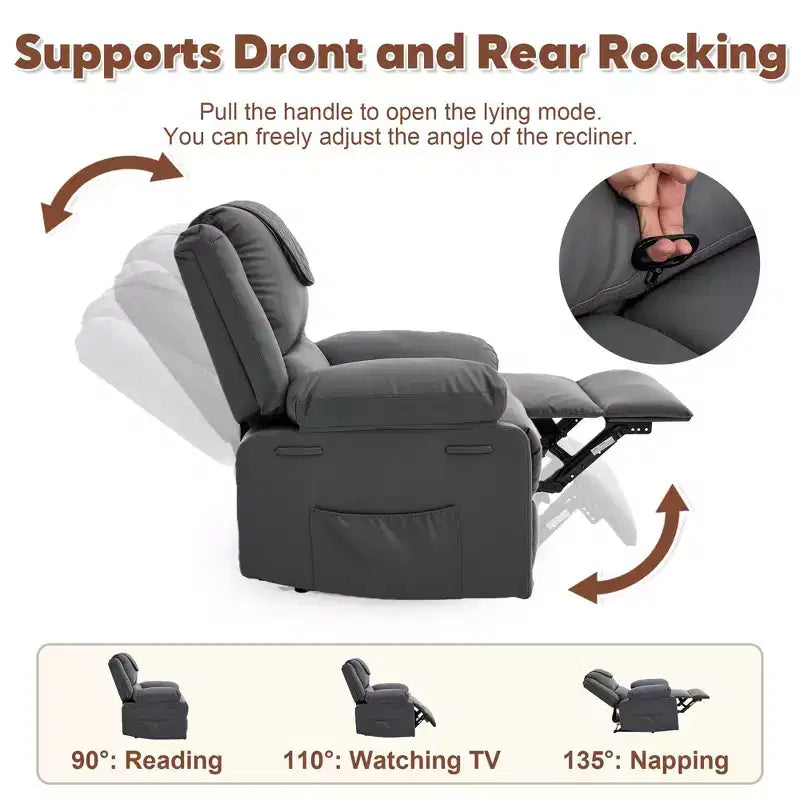 Adult Recliner Chair with Heating & Massage, 135 Adjustable Manual Recliner with Side Storage Pockets & Remote Control