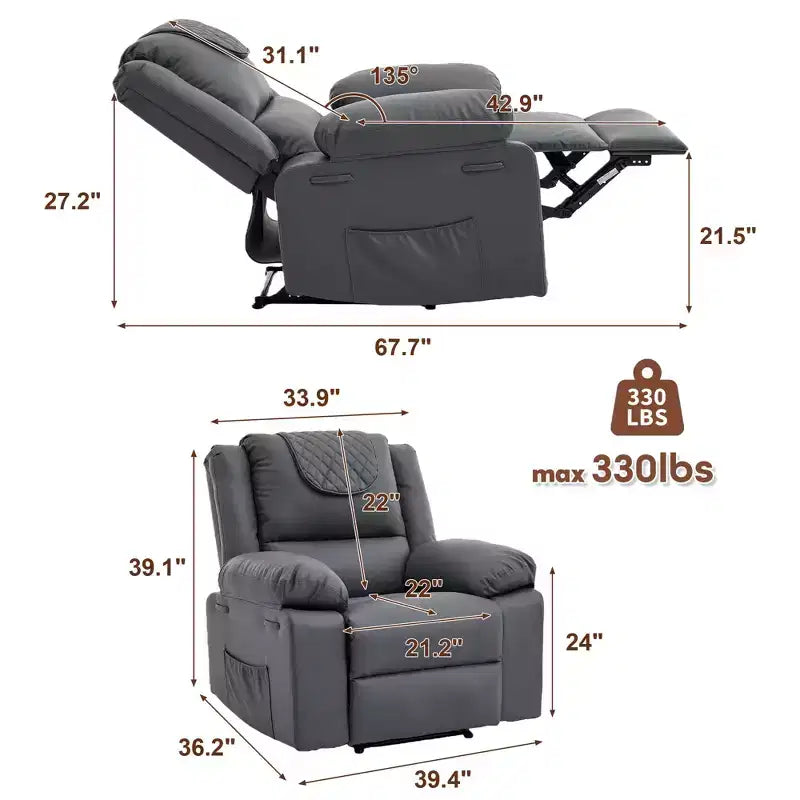 Adult Recliner Chair with Heating & Massage, 135 Adjustable Manual Recliner with Side Storage Pockets & Remote Control