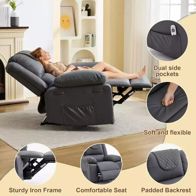 Adult Recliner Chair with Heating & Massage, 135 Adjustable Manual Recliner with Side Storage Pockets & Remote Control