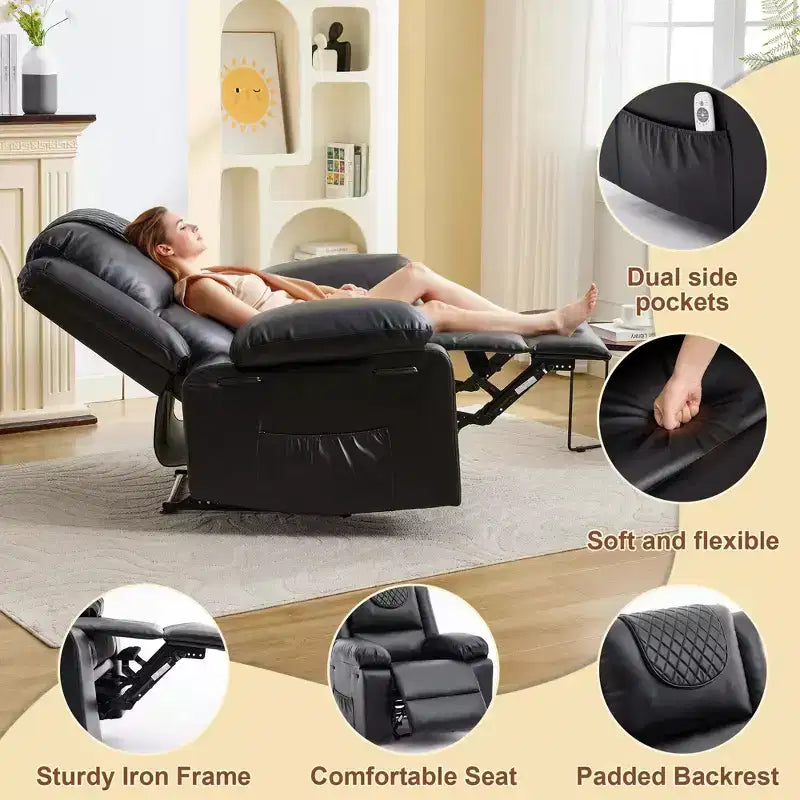 Fauteuil inclinable adulte avec chauffage et massage, inclinable manuel réglable à 135° avec poches de rangement latérales et télécommande