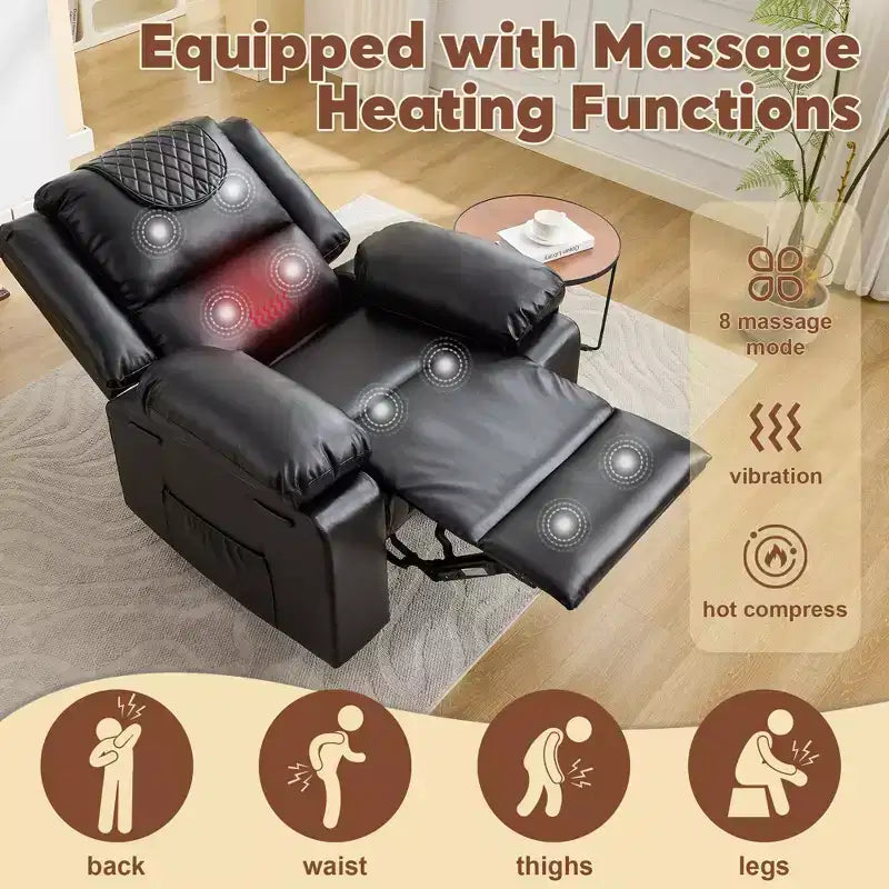Fauteuil inclinable adulte avec chauffage et massage, inclinable manuel réglable à 135° avec poches de rangement latérales et télécommande
