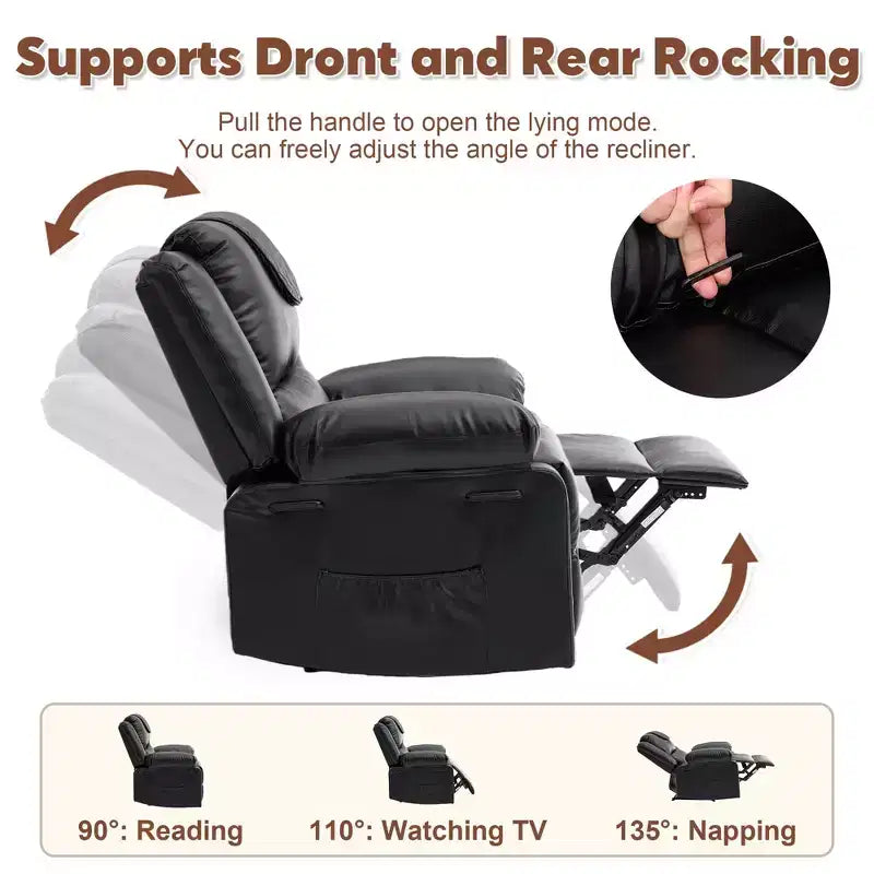 Adult Recliner Chair with Heating & Massage, 135 Adjustable Manual Recliner with Side Storage Pockets & Remote Control