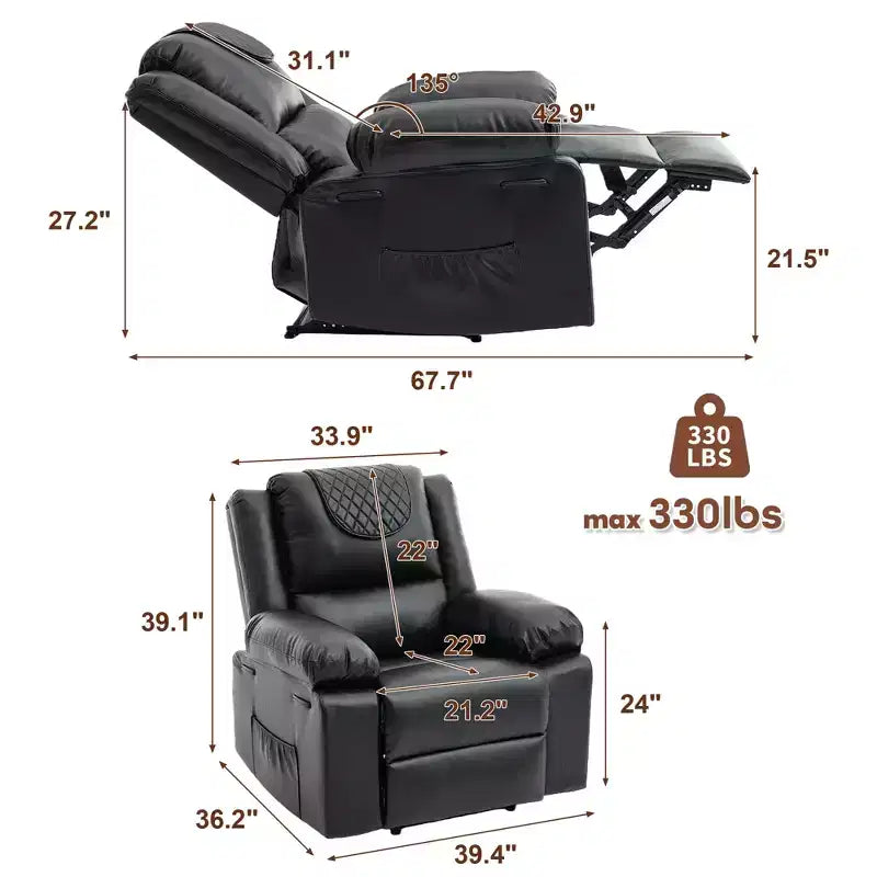 Adult Recliner Chair with Heating & Massage, 135 Adjustable Manual Recliner with Side Storage Pockets & Remote Control