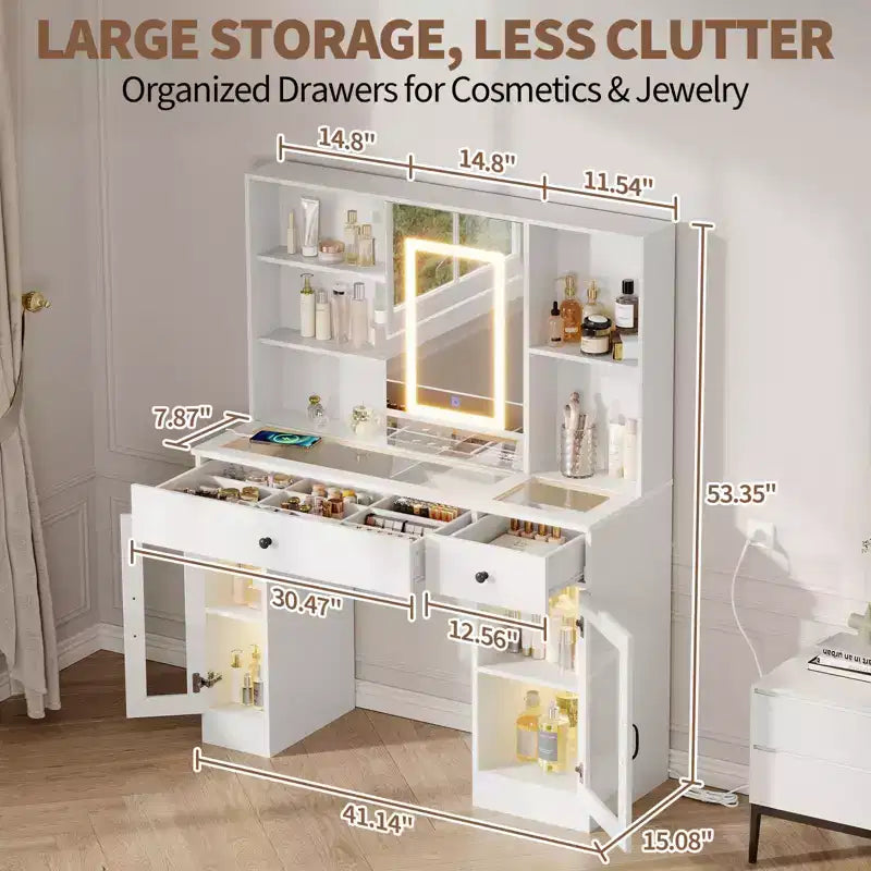 Large Vanity Desk with Sliding Mirror & 3-Color LED Lights, Makeup Dressing Table with Storage Drawers, Shelves, Cabinets, Beauty Station