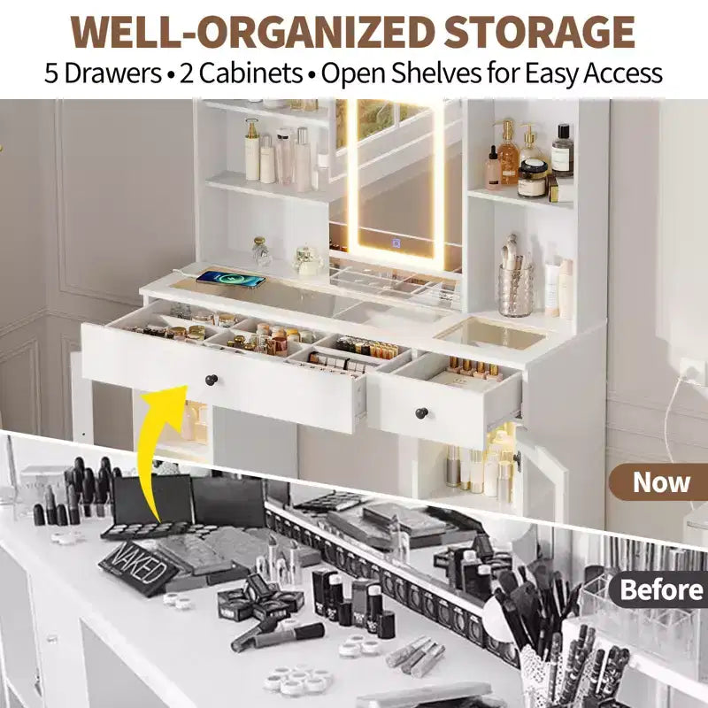 Large Vanity Desk with Sliding Mirror & 3-Color LED Lights, Makeup Dressing Table with Storage Drawers, Shelves, Cabinets, Beauty Station