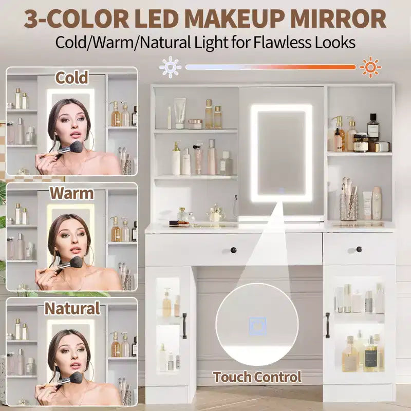 Large Vanity Desk with Sliding Mirror & 3-Color LED Lights, Makeup Dressing Table with Storage Drawers, Shelves, Cabinets, Beauty Station