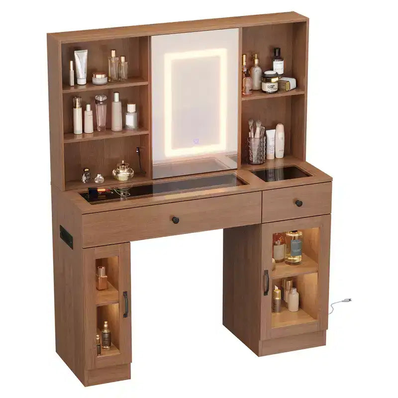 Grande coiffeuse avec miroir coulissant et lumières LED 3 couleurs, table de maquillage avec tiroirs de rangement, étagères, placards, station de beauté