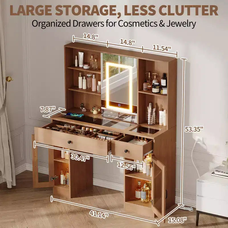 Grande coiffeuse avec miroir coulissant et lumières LED 3 couleurs, table de maquillage avec tiroirs de rangement, étagères, placards, station de beauté