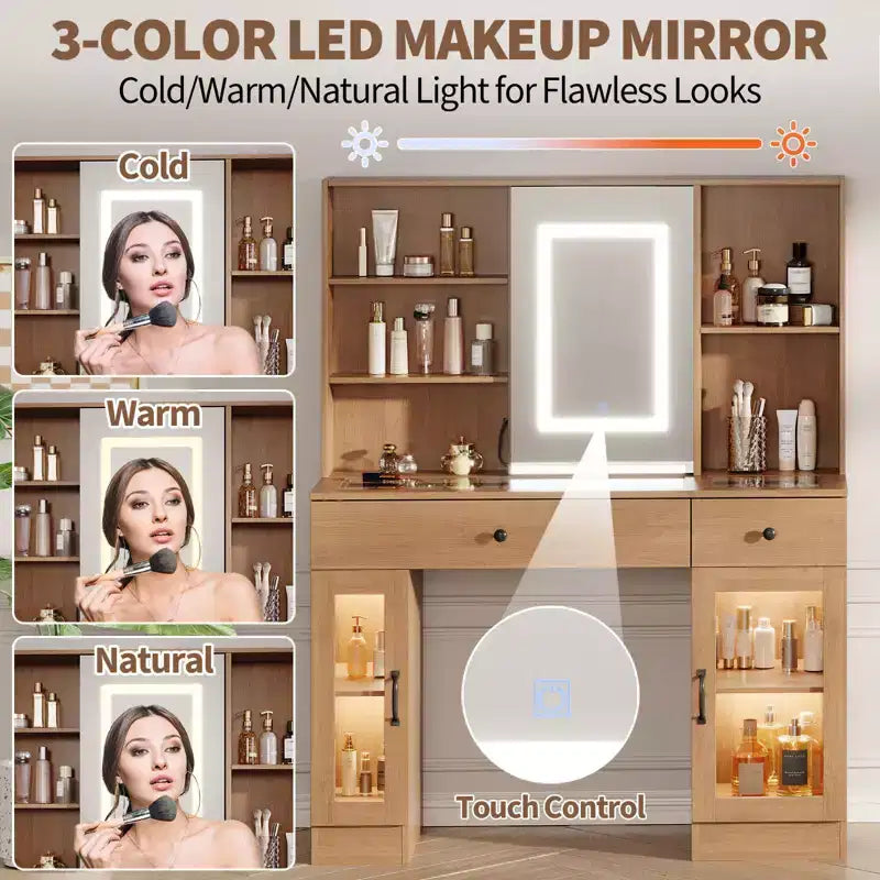 Large Vanity Desk with Sliding Mirror & 3-Color LED Lights, Makeup Dressing Table with Storage Drawers, Shelves, Cabinets, Beauty Station