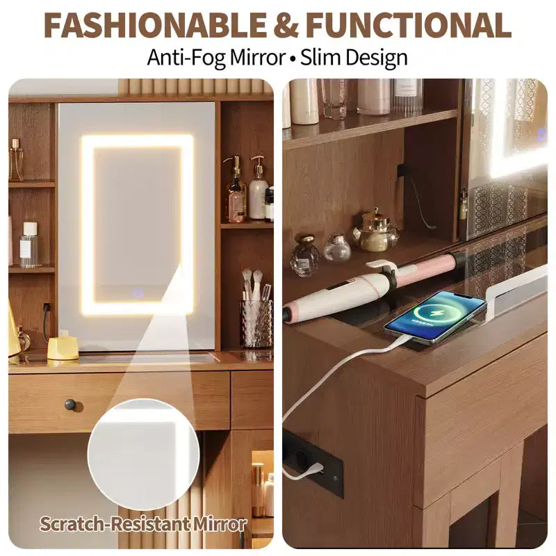 Large Vanity Desk with Sliding Mirror & 3-Color LED Lights, Makeup Dressing Table with Storage Drawers, Shelves, Cabinets, Beauty Station
