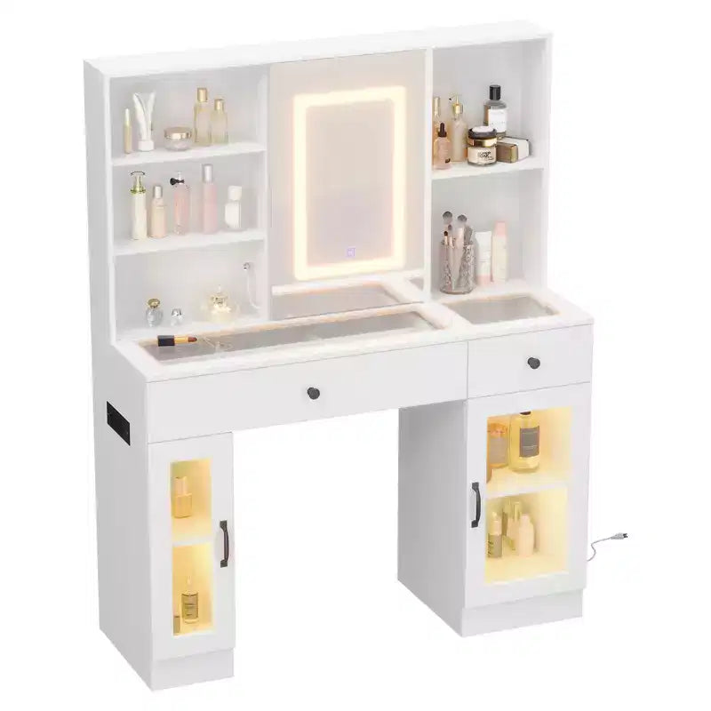 Large Vanity Desk with Sliding Mirror & 3-Color LED Lights, Makeup Dressing Table with Storage Drawers, Shelves, Cabinets, Beauty Station