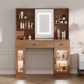 Large Vanity Desk with Sliding Mirror & 3-Color LED Lights, Makeup Dressing Table with Storage Drawers, Shelves, Cabinets, MDF Beauty Station