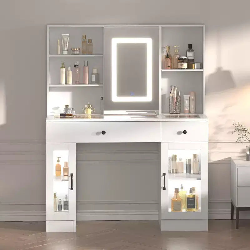 Grande coiffeuse avec miroir coulissant et lumières LED 3 couleurs, table de maquillage avec tiroirs de rangement, étagères, placards, station de beauté