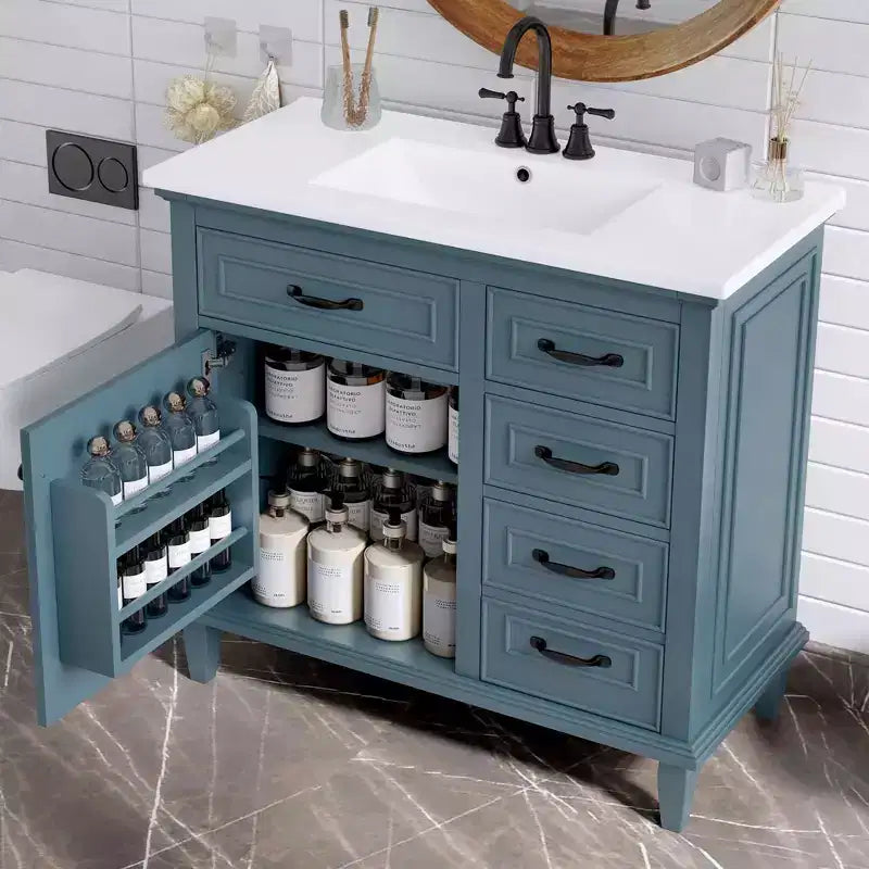 Bathroom Vanity Ceramic Sink Top Solid Wood Poplar Cabinet Flip Drawers Adjustable Shelves Zinc Handles