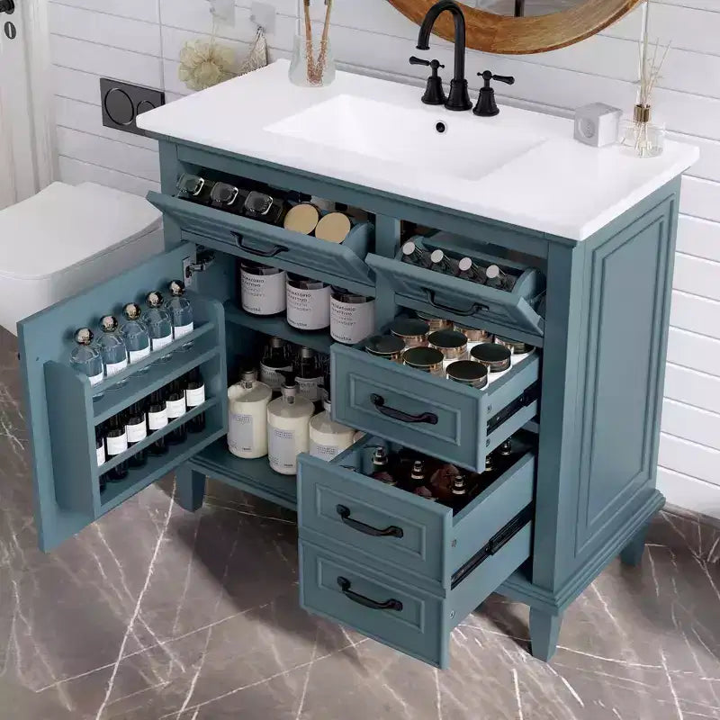 Bathroom Vanity Ceramic Sink Top Solid Wood Poplar Cabinet Flip Drawers Adjustable Shelves Zinc Handles