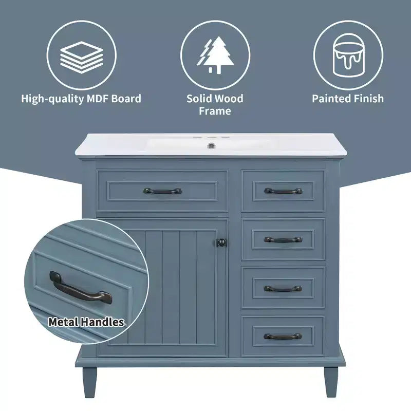 Bathroom Vanity Ceramic Sink Top Solid Wood Poplar Cabinet Flip Drawers Adjustable Shelves Zinc Handles