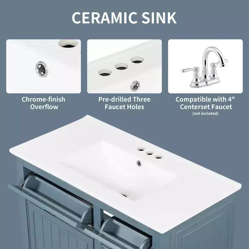 Bathroom Vanity Ceramic Sink Top Solid Wood Poplar Cabinet Flip Drawers Adjustable Shelves Zinc Handles