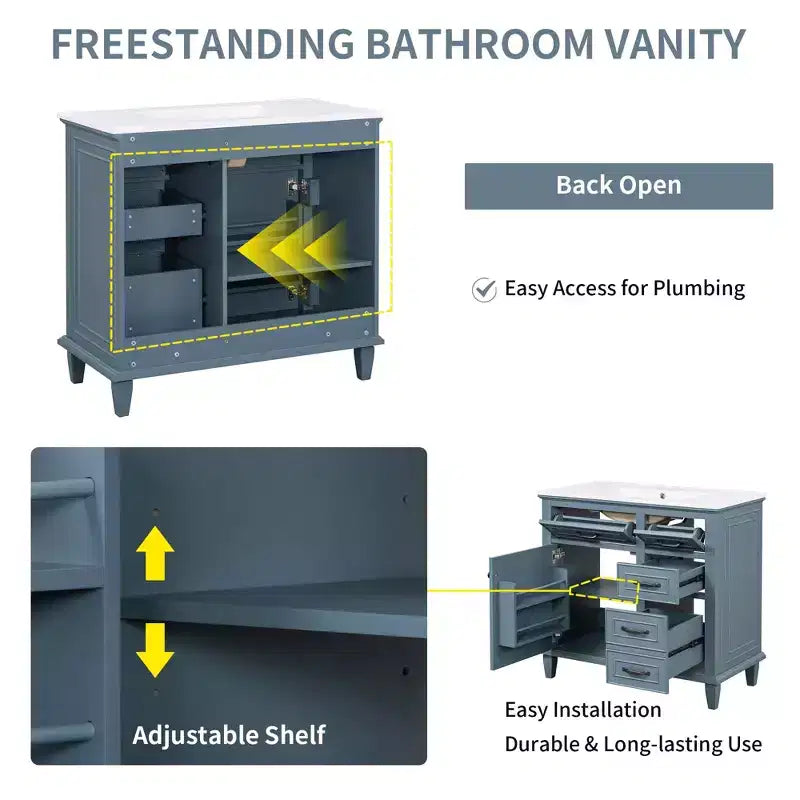 Bathroom Vanity Ceramic Sink Top Solid Wood Poplar Cabinet Flip Drawers Adjustable Shelves Zinc Handles