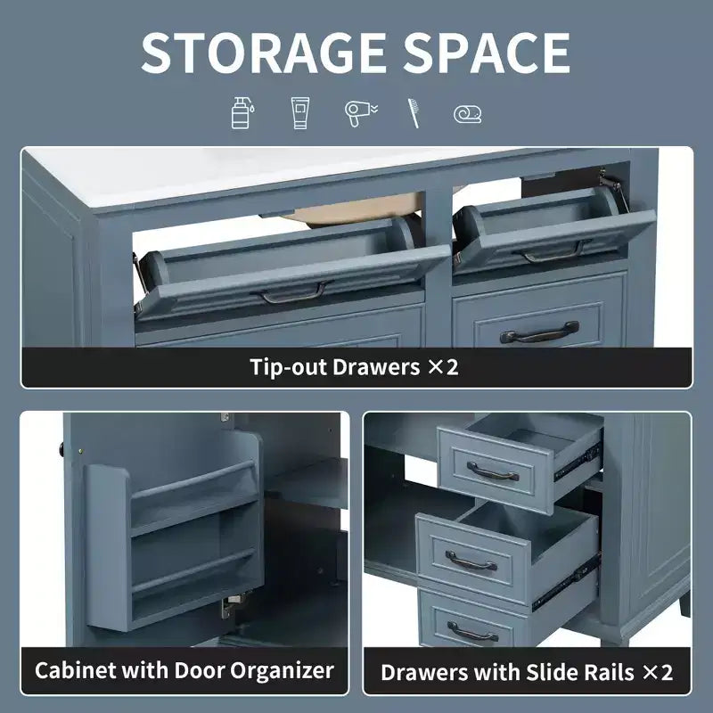 Bathroom Vanity Ceramic Sink Top Solid Wood Poplar Cabinet Flip Drawers Adjustable Shelves Zinc Handles
