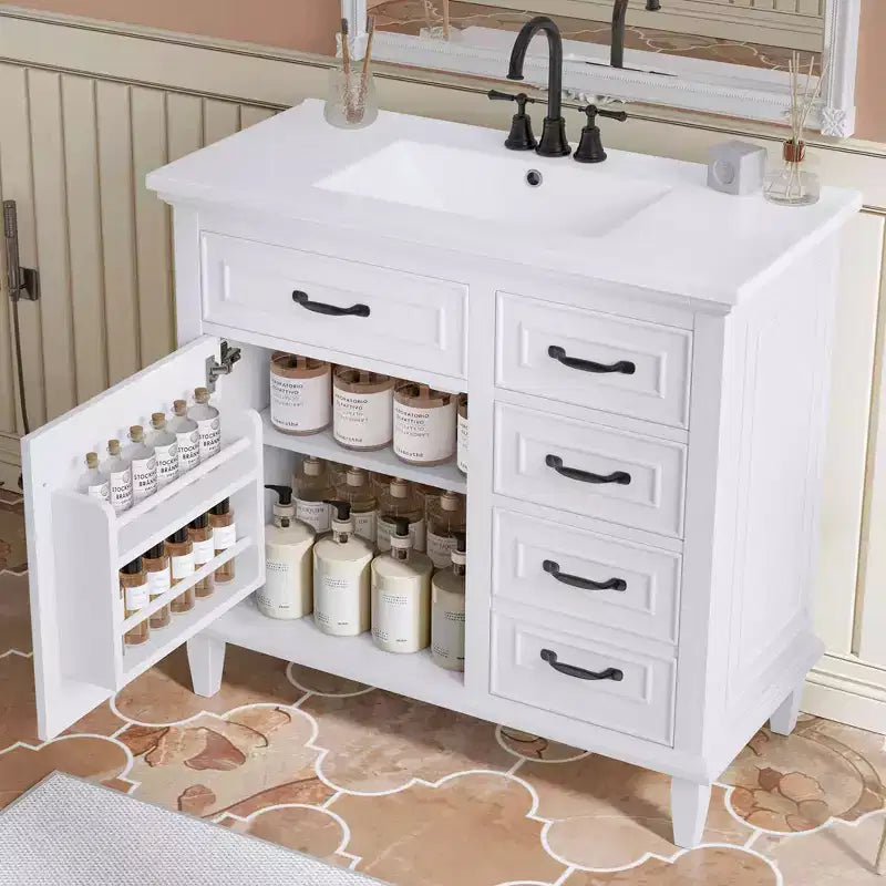Bathroom Vanity Ceramic Sink Top Solid Wood Poplar Cabinet Flip Drawers Adjustable Shelves Zinc Handles