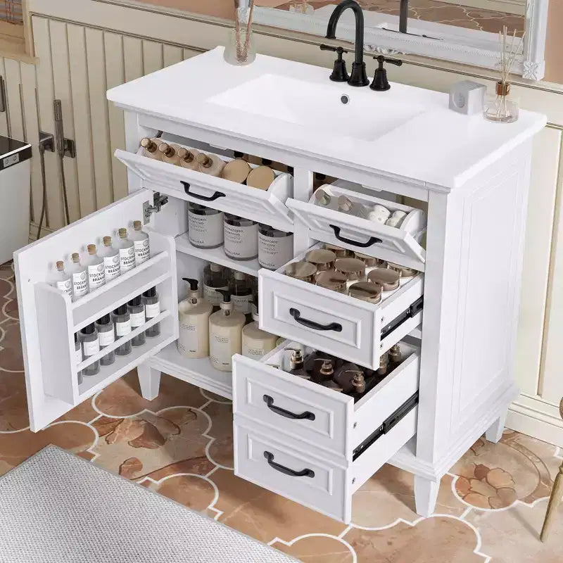 Bathroom Vanity Ceramic Sink Top Solid Wood Poplar Cabinet Flip Drawers Adjustable Shelves Zinc Handles