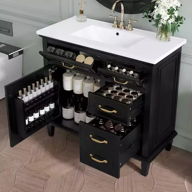 Meuble-lavabo en céramique, Dessus en bois massif de peuplier, Tiroirs basculants, Étagères réglables, Poignées en zinc