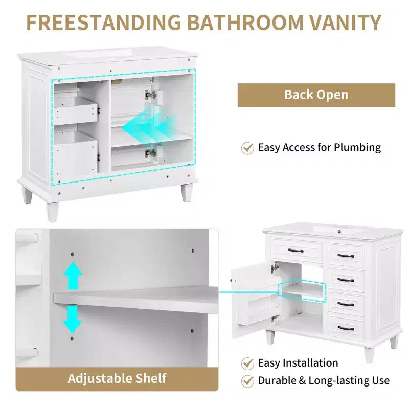 Bathroom Vanity Ceramic Sink Top Solid Wood Poplar Cabinet Flip Drawers Adjustable Shelves Zinc Handles