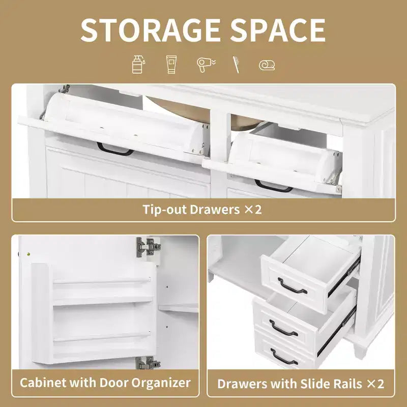 Bathroom Vanity Ceramic Sink Top Solid Wood Poplar Cabinet Flip Drawers Adjustable Shelves Zinc Handles