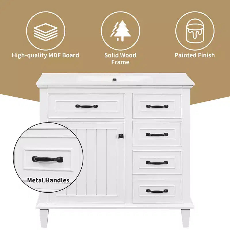 Bathroom Vanity Ceramic Sink Top Solid Wood Poplar Cabinet Flip Drawers Adjustable Shelves Zinc Handles