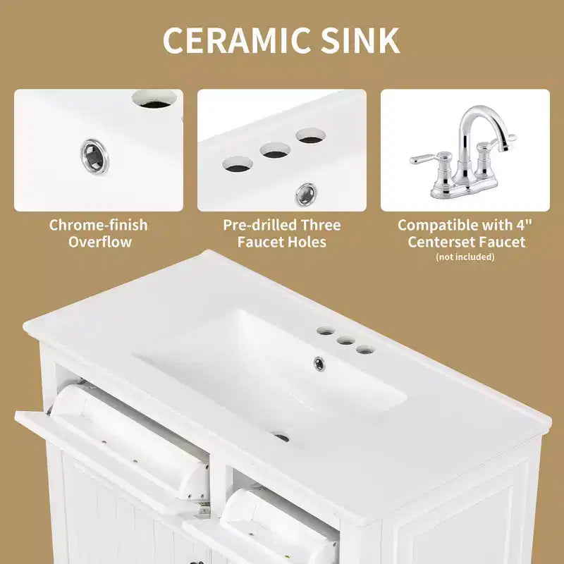 Bathroom Vanity Ceramic Sink Top Solid Wood Poplar Cabinet Flip Drawers Adjustable Shelves Zinc Handles