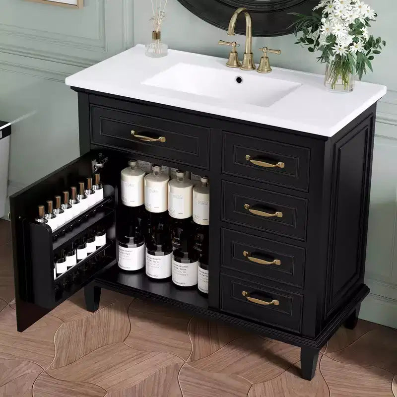 Meuble-lavabo en céramique, Dessus en bois massif de peuplier, Tiroirs basculants, Étagères réglables, Poignées en zinc