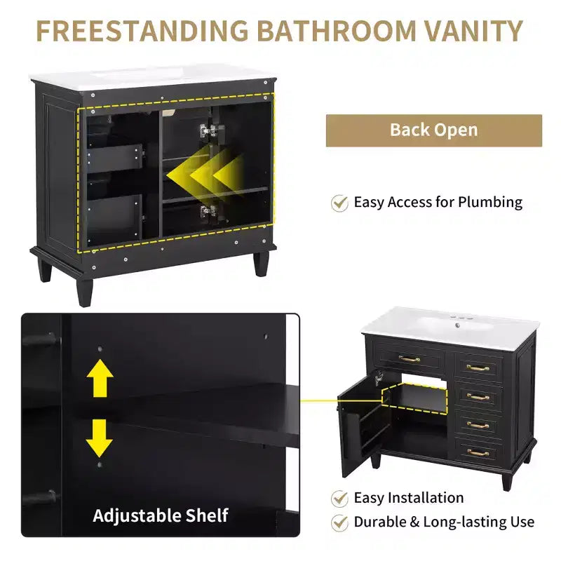 Bathroom Vanity Ceramic Sink Top Solid Wood Poplar Cabinet Flip Drawers Adjustable Shelves Zinc Handles