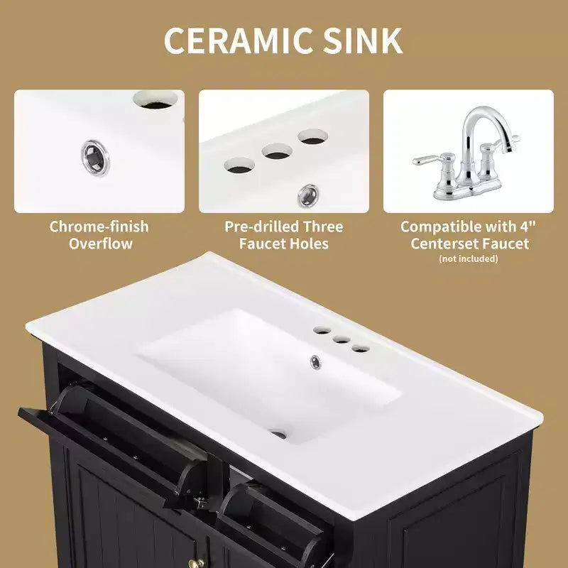 Bathroom Vanity Ceramic Sink Top Solid Wood Poplar Cabinet Flip Drawers Adjustable Shelves Zinc Handles