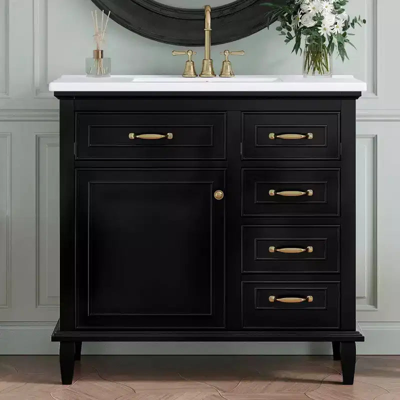 MAYEERTY 36 Bathroom Vanity Ceramic Sink Top Solid Wood MDF Poplar Cabinet Flip Drawers Adjustable Shelves Zinc Handles