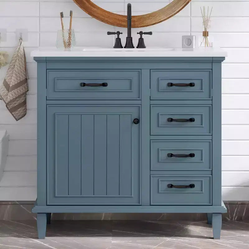 Meuble-lavabo en céramique, Dessus en bois massif de peuplier, Tiroirs basculants, Étagères réglables, Poignées en zinc