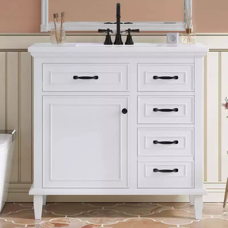 Meuble-lavabo en céramique, Dessus en bois massif de peuplier, Tiroirs basculants, Étagères réglables, Poignées en zinc