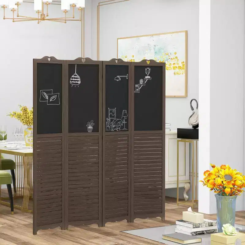 Wooden Room Divider with Blackboard, 4 Panel Folding Privacy Screen for Home Office, 5.5'
