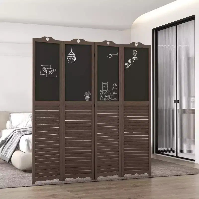 Wooden Room Divider with Blackboard, 4 Panel Folding Privacy Screen for Home Office, 5.5'