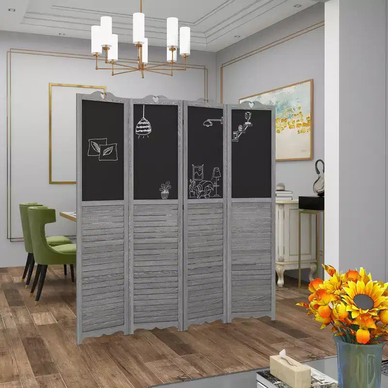 Wooden Room Divider with Blackboard, 4 Panel Folding Privacy Screen for Home Office, 5.5'