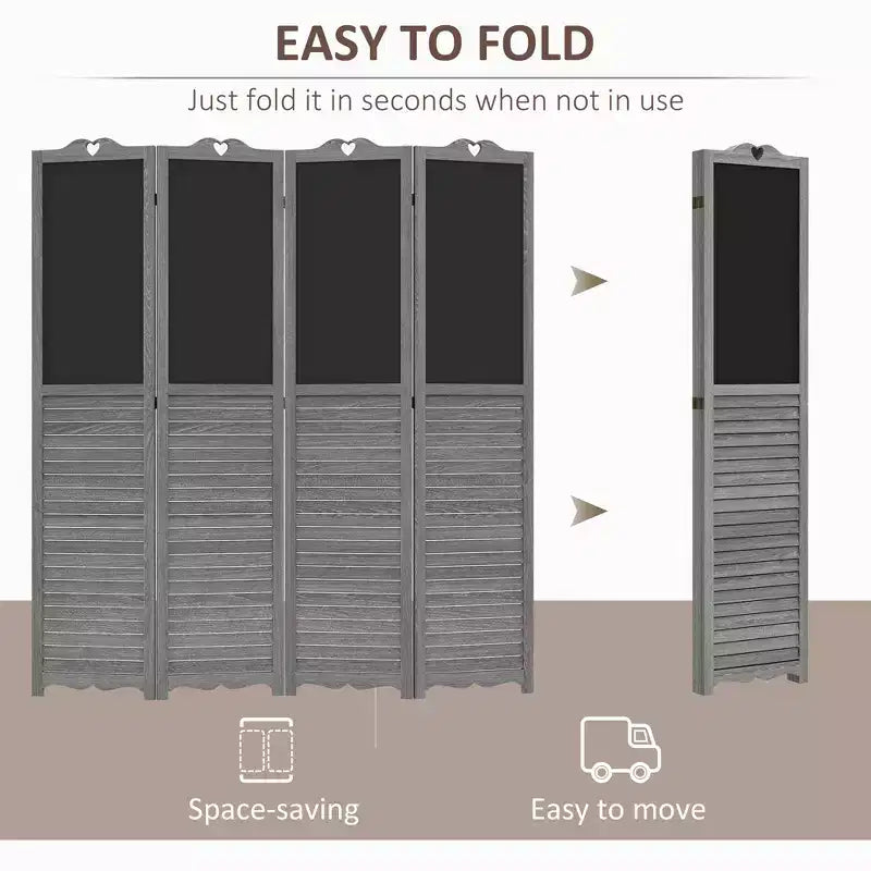 Wooden Room Divider with Blackboard, 4 Panel Folding Privacy Screen for Home Office, 5.5'