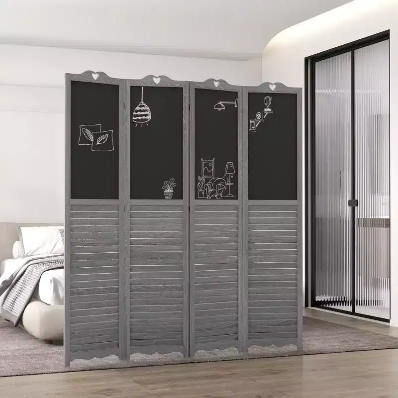 Wooden Room Divider with Blackboard, 4 Panel Folding Privacy Screen for Home Office, 5.5'