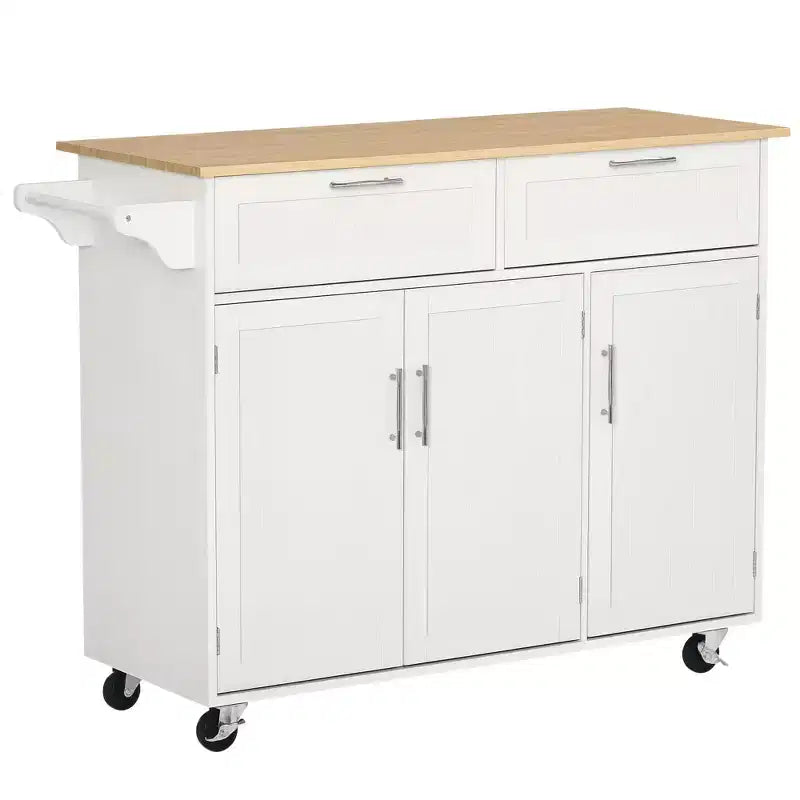 Mobile Kitchen Island with Storage, Kitchen Cart with Wood Top, Storage Drawers, 3-door Cabinets, Adjustable Shelves and Towel Rack