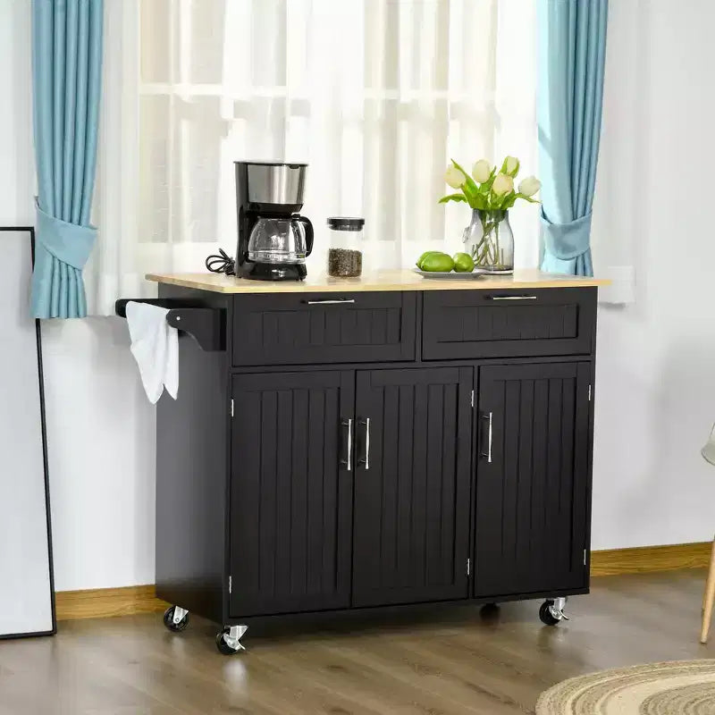 Îlot de cuisine mobile avec rangement, Desserte de cuisine avec plateau en bois, Tiroirs de rangement, Armoires à 3 portes, Étagères réglables et Porte-serviettes