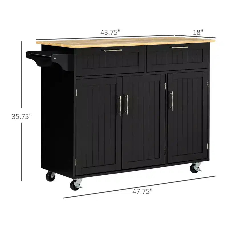 Mobile Kitchen Island with Storage, Kitchen Cart with Wood Top, Storage Drawers, 3-door Cabinets, Adjustable Shelves and Towel Rack