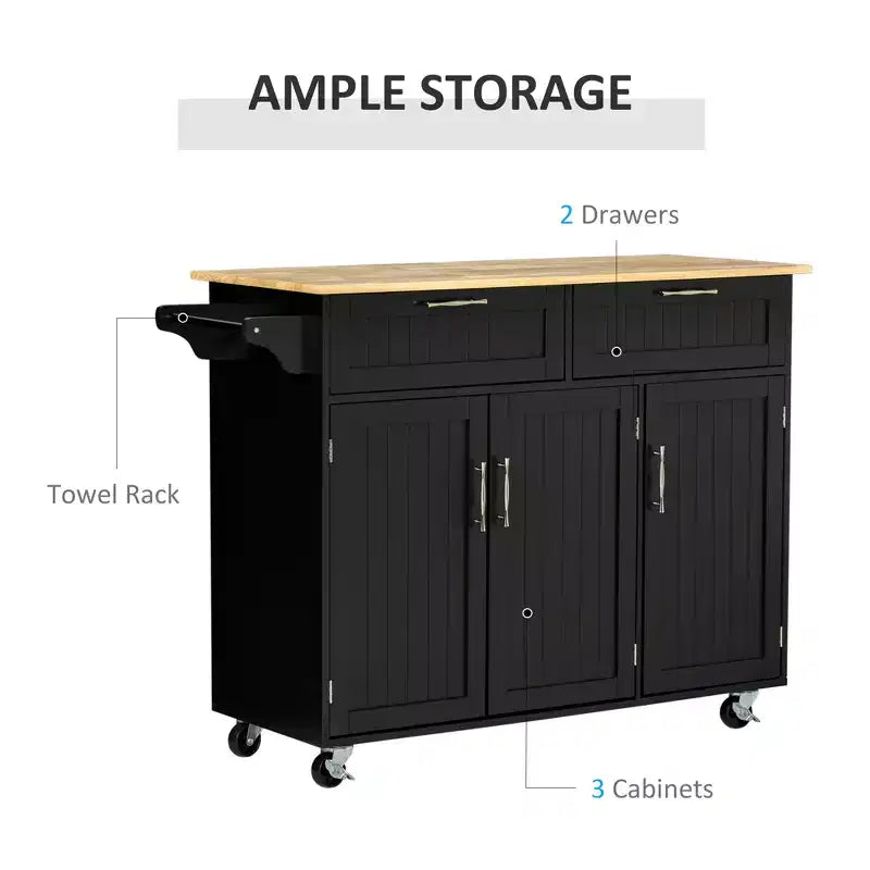 Îlot de cuisine mobile avec rangement, Desserte de cuisine avec plateau en bois, Tiroirs de rangement, Armoires à 3 portes, Étagères réglables et Porte-serviettes