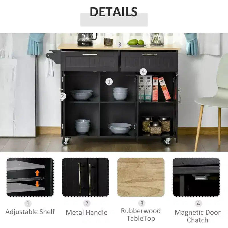 Mobile Kitchen Island with Storage, Kitchen Cart with Wood Top, Storage Drawers, 3-door Cabinets, Adjustable Shelves and Towel Rack