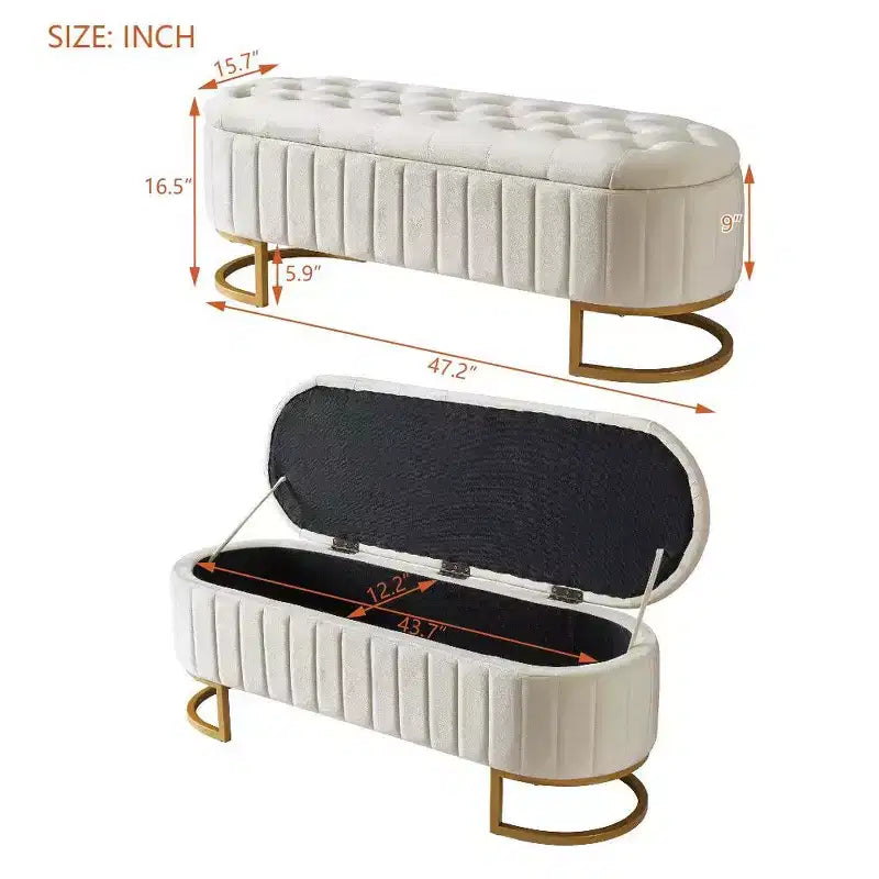 Banc de rangement ottoman en velours de 150 cm avec couvercle touffeté, banc ottoman rembourré avec pieds en métal pour chambre à coucher, salon, entrée